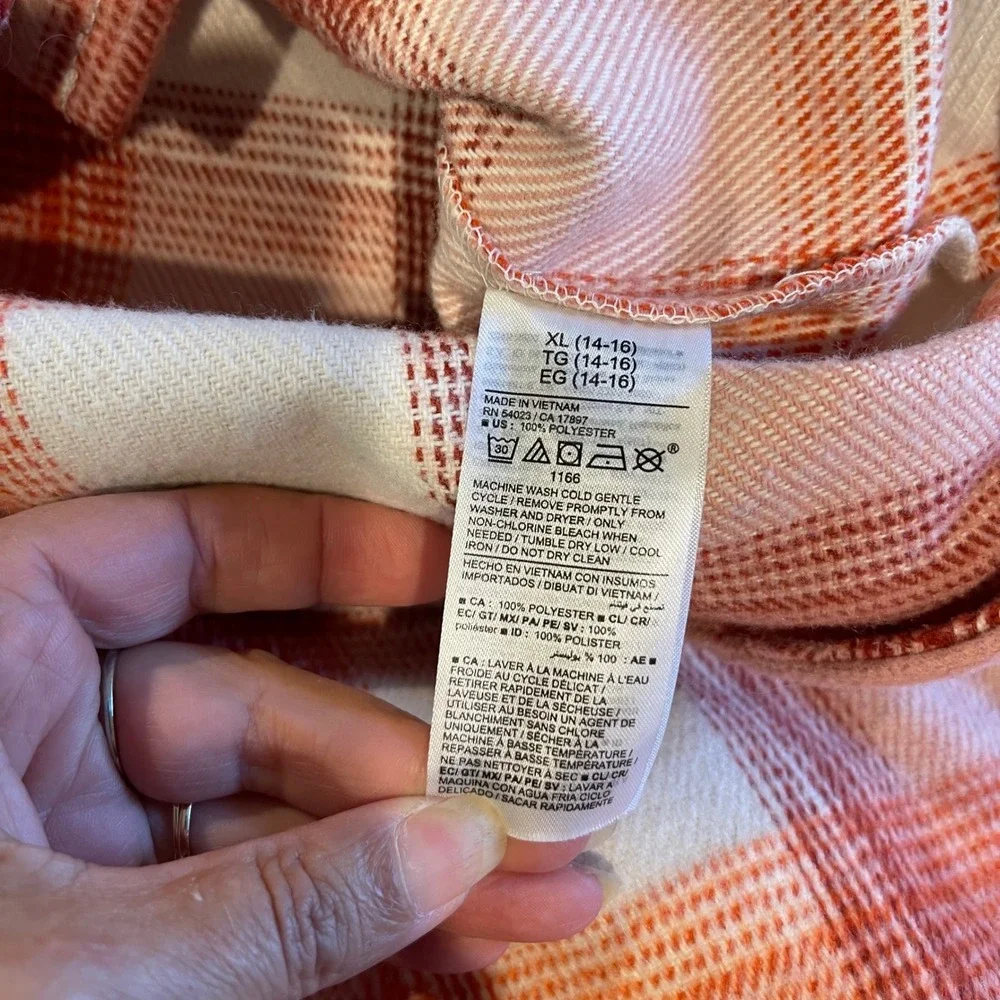 Old Navy Kids XL 14-16 Pink Orange‎ Plaid Flannel Shirt Jacket Shacket